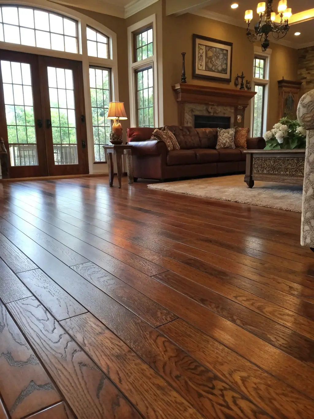 A gleaming hardwood floor after being mopped, reflecting light and showing no streaks, representing Quick Hands Cleaning's floor cleaning expertise.