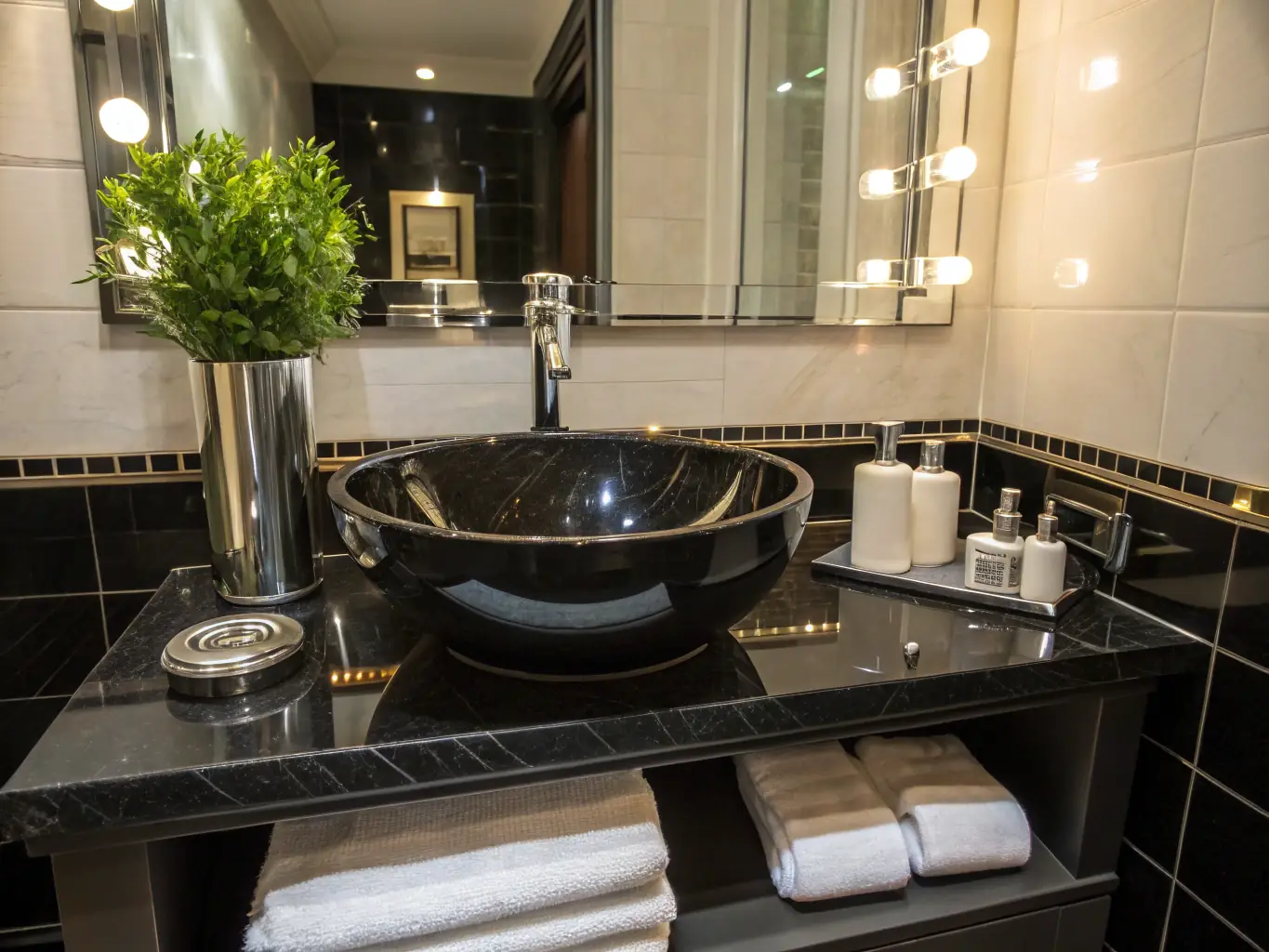 A close-up shot of a sparkling clean bathroom sink and countertop, showcasing the attention to detail in Quick Hands Cleaning's service.