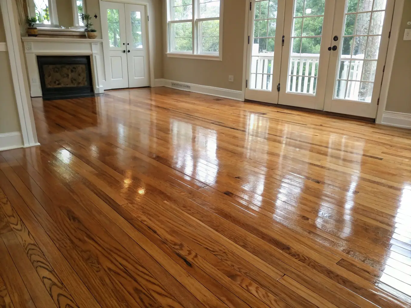 A gleaming hardwood floor after being professionally cleaned, showcasing Quick Hands Cleaning's expertise in floor care.