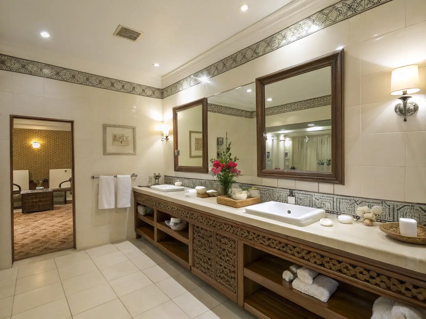 A sparkling clean bathroom with fresh towels and a spotless mirror, representing Quick Hands Cleaning's attention to detail in bathroom cleaning.