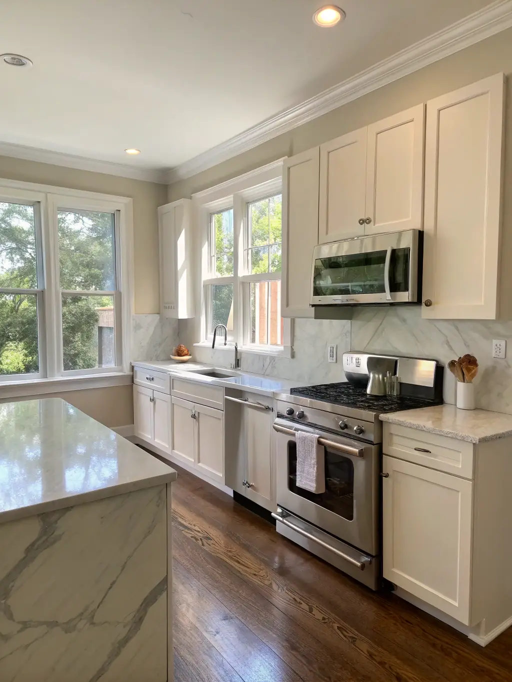 A pristine kitchen counter with organized appliances and a spotless backsplash, demonstrating Quick Hands Cleaning's commitment to kitchen cleanliness.