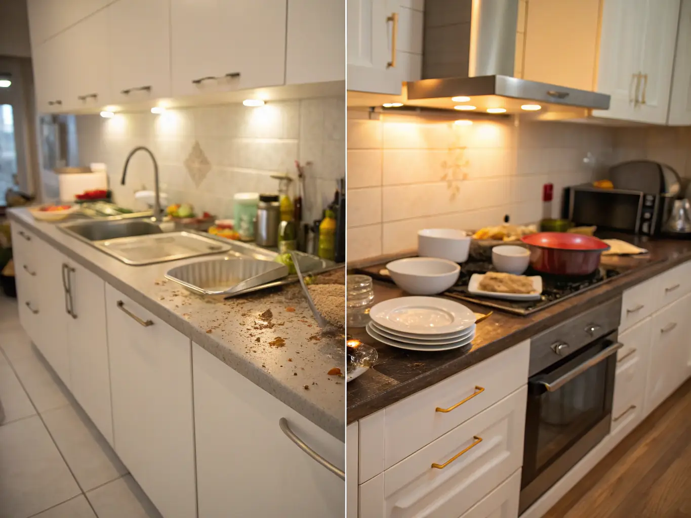 A before-and-after shot of a kitchen floor, demonstrating the effectiveness of Quick Hands Cleaning's floor cleaning service.
