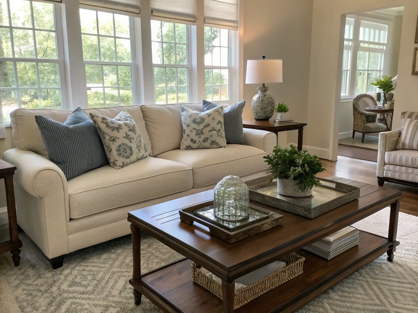 A tidy and organized living room with dust-free surfaces and neatly arranged furniture, illustrating Quick Hands Cleaning's commitment to general home upkeep.