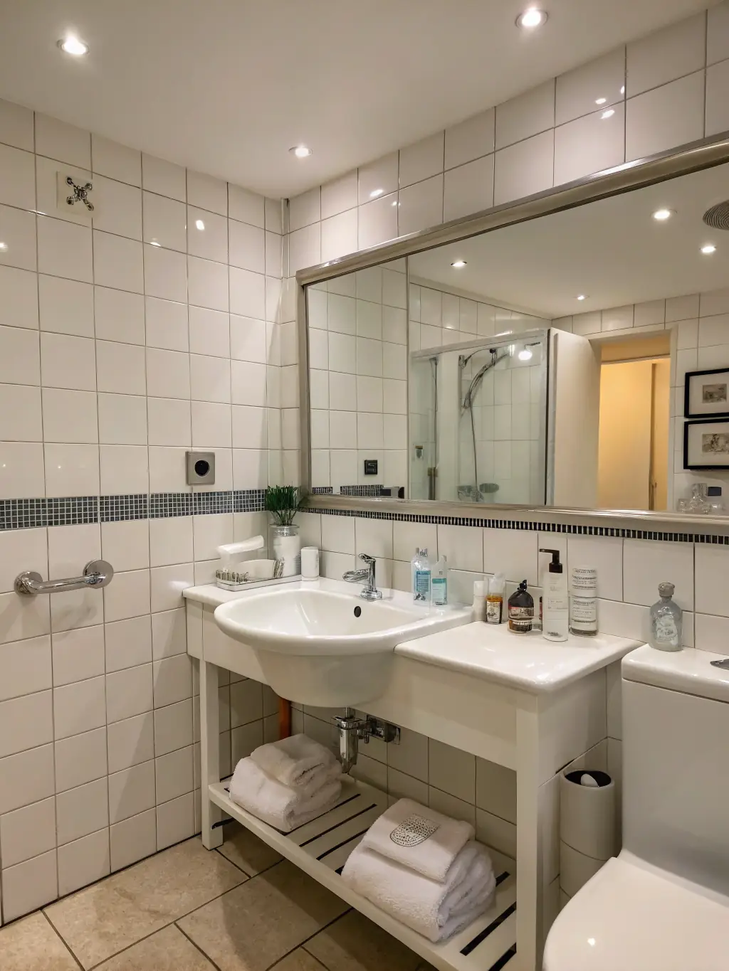 A brightly lit, spotless bathroom with a sparkling clean sink and mirror, showcasing Quick Hands Cleaning's attention to detail in bathroom cleaning.