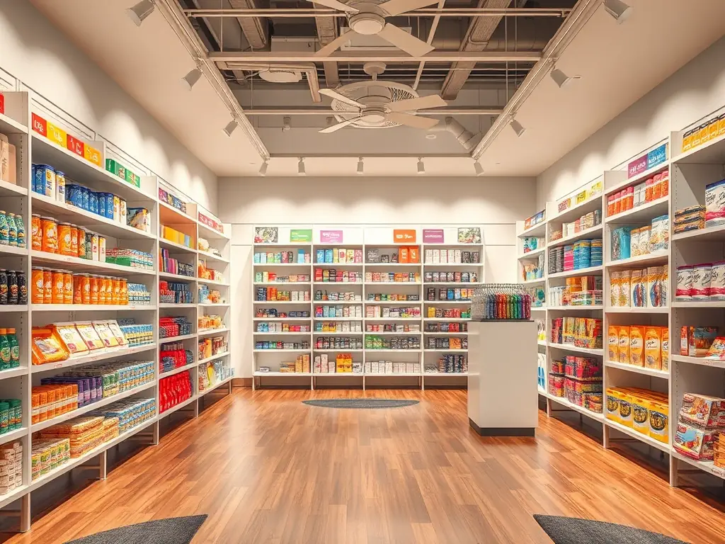 A retail store with neatly arranged displays and a spotless floor, creating an inviting and pleasant shopping experience for customers.