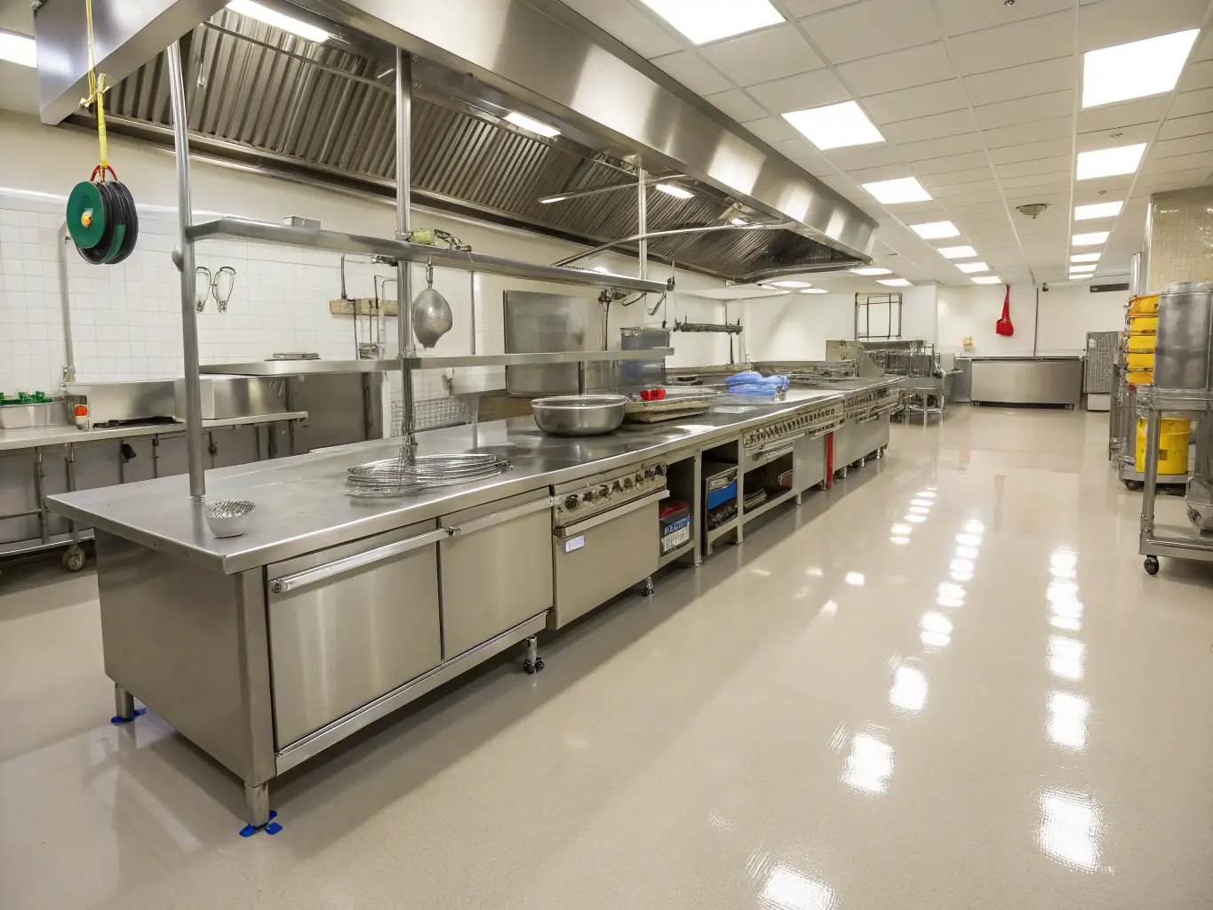 A commercial kitchen with gleaming stainless steel appliances and spotless surfaces, emphasizing the importance of hygiene in food service establishments.
