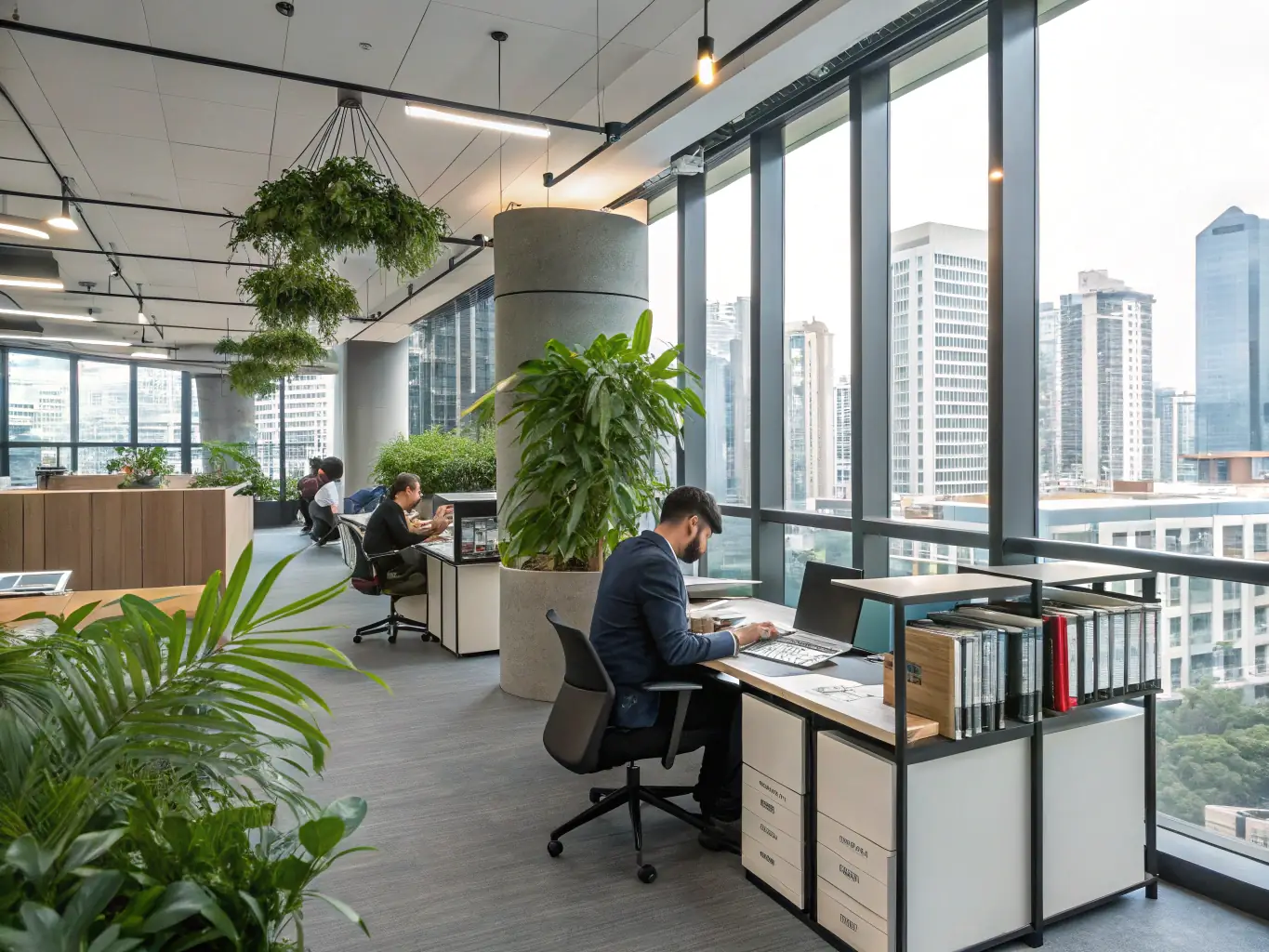 A brightly lit, modern office space with employees working comfortably at their desks, showcasing a clean and organized environment, emphasizing the benefits of professional office cleaning services.