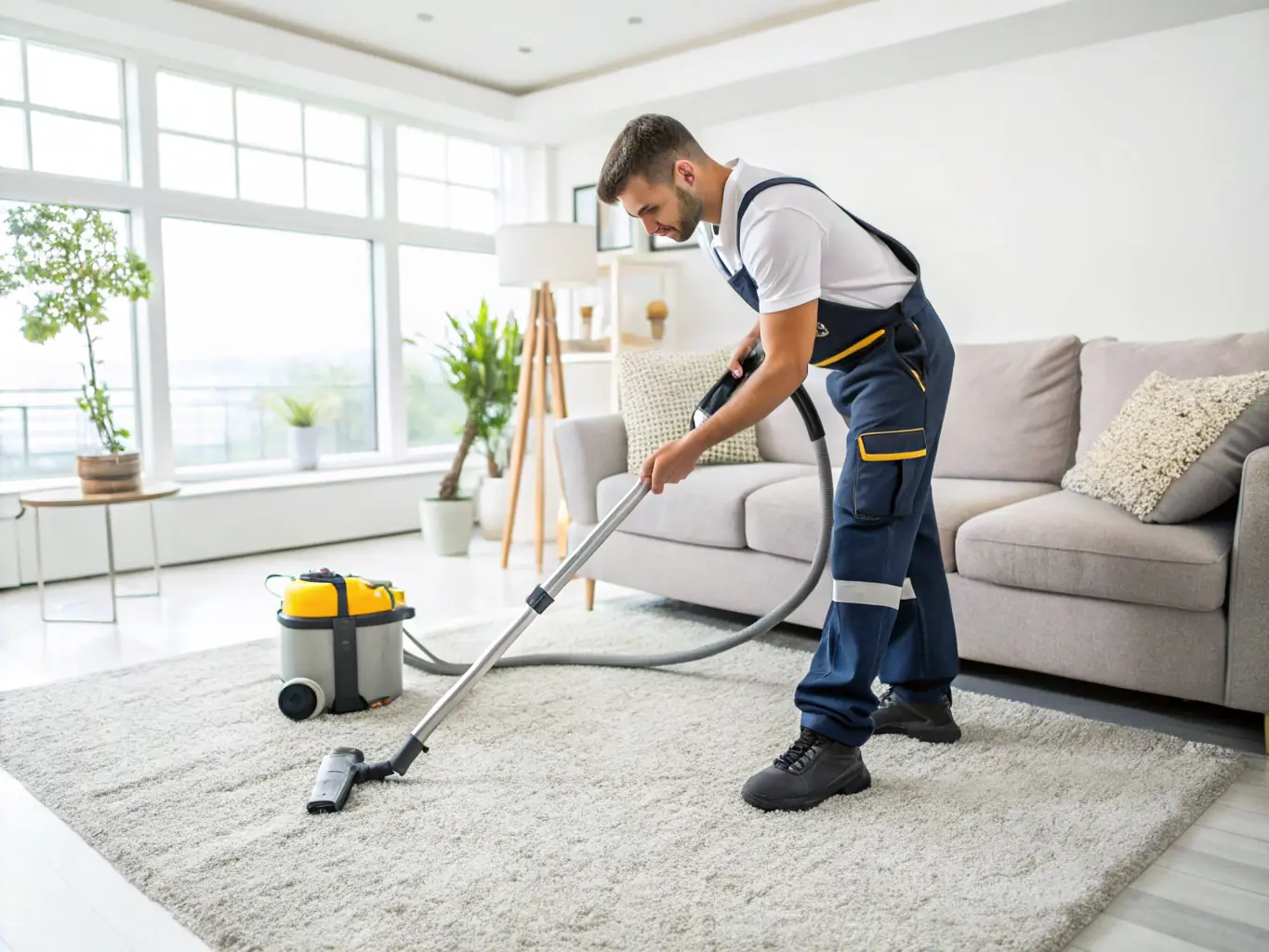 A close-up shot of a Quick Hands Cleaning team member carefully vacuuming a rug, demonstrating their commitment to thoroughness and attention to detail.