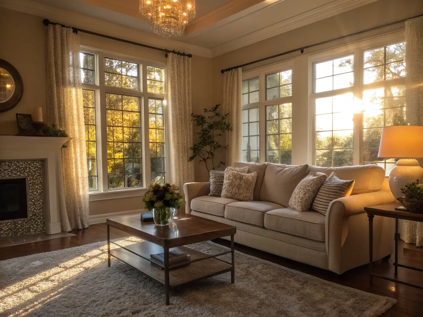 A bright, inviting living room after a Quick Hands Cleaning service, with sunlight streaming through the windows and highlighting the cleanliness of the space.