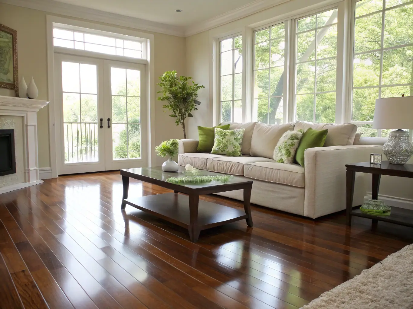 A brightly lit, spotless living room with a freshly vacuumed carpet and neatly arranged furniture, showcasing the results of a routine cleaning service.